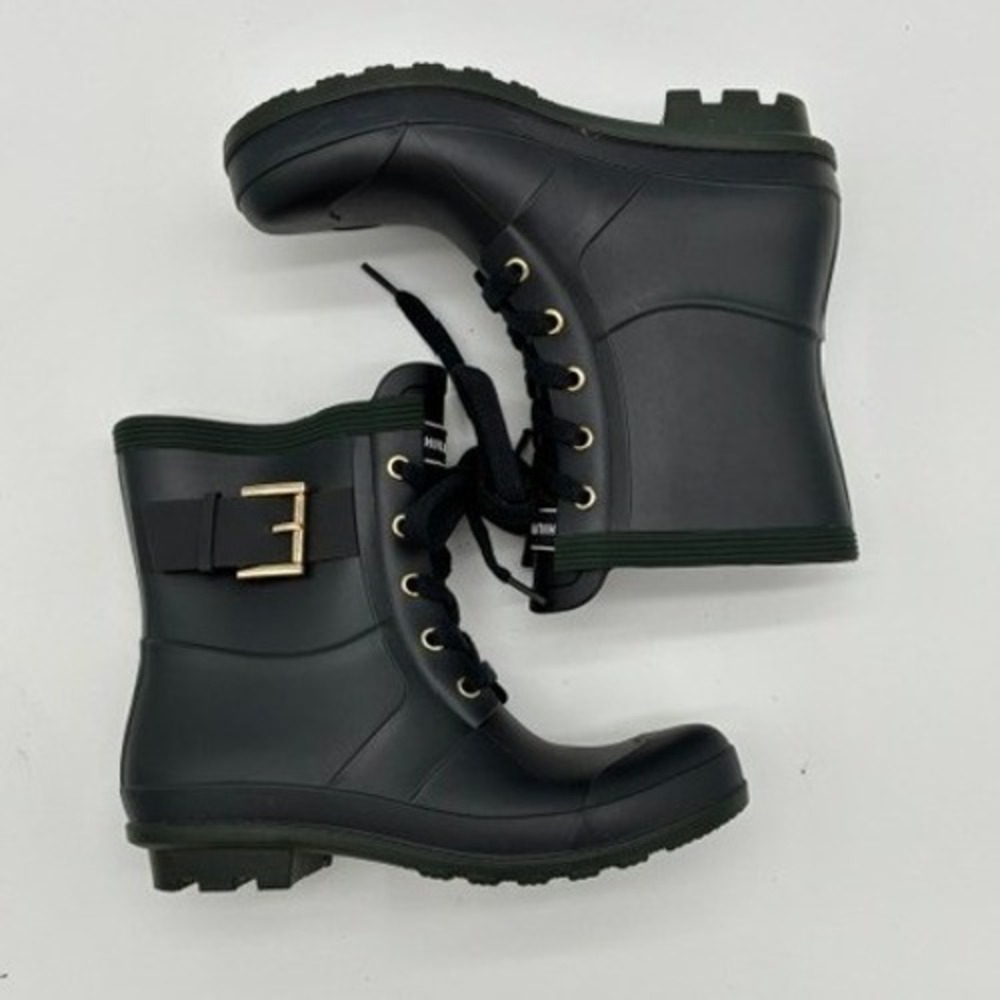 Tommy Hilfiger Womens Navy Blue Lace Up Rain Boots Ankle Booties Gold Buckle